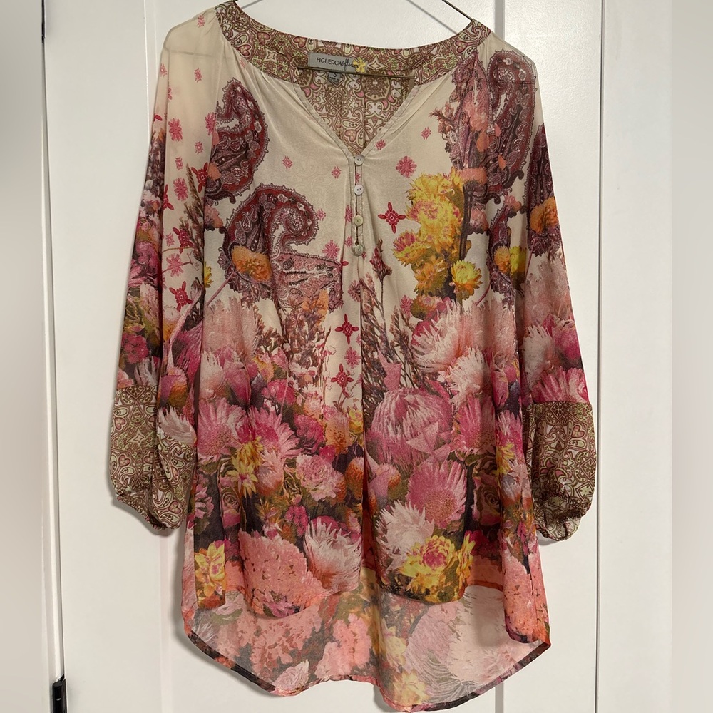 Multicolor Sheer Floral Long Sleeve‎ Blouse Women's Size Small